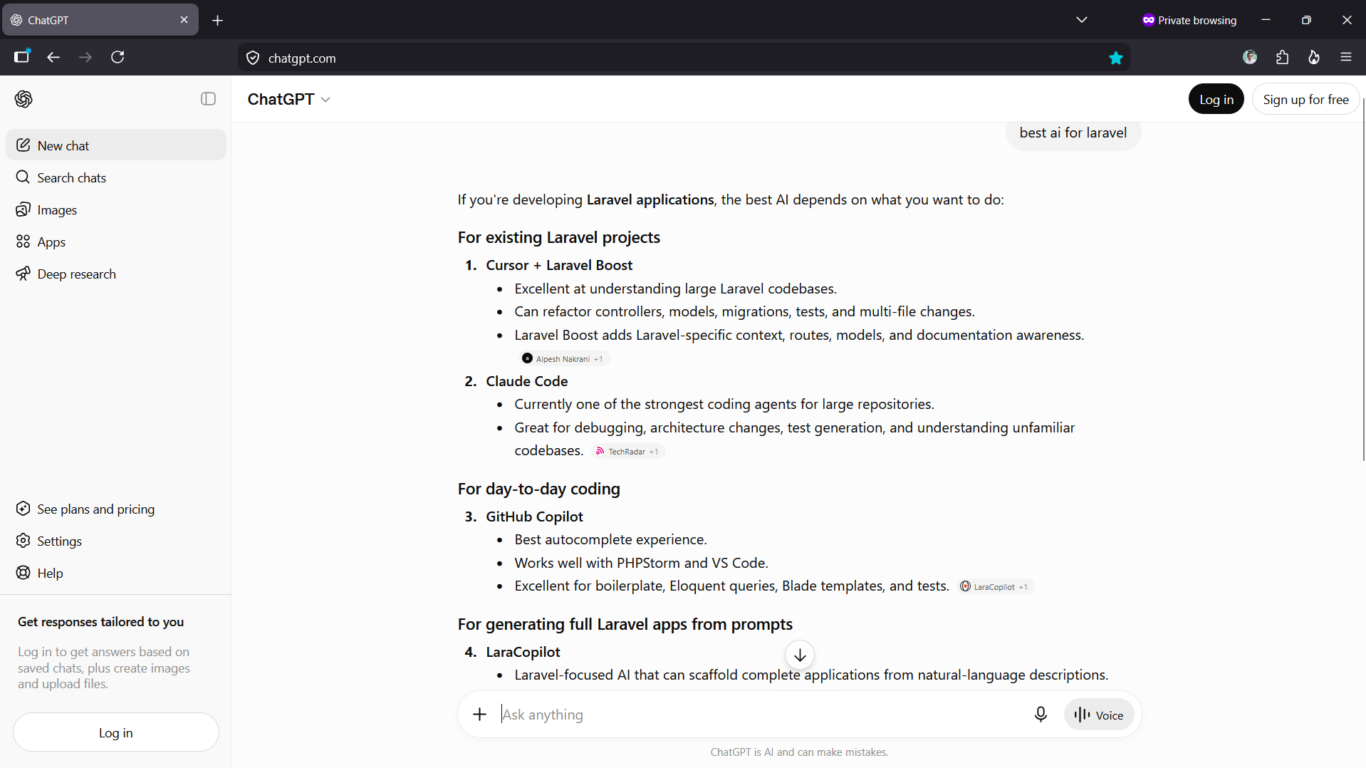 ChatGPT recommending LaraCopilot in its answer about the best AI tools for Laravel developers.