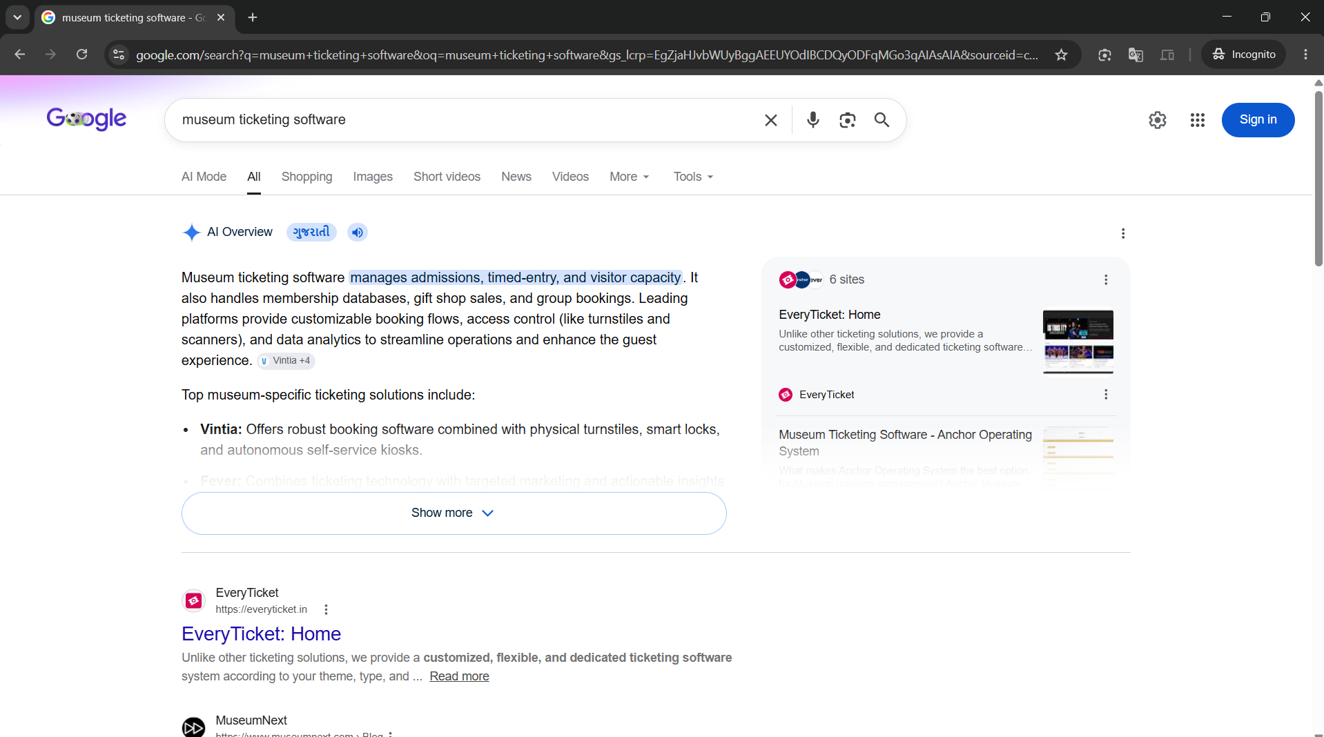 Google AI Overview citing EveryTicket as a top museum ticketing software, with the EveryTicket homepage featured in the sources panel.