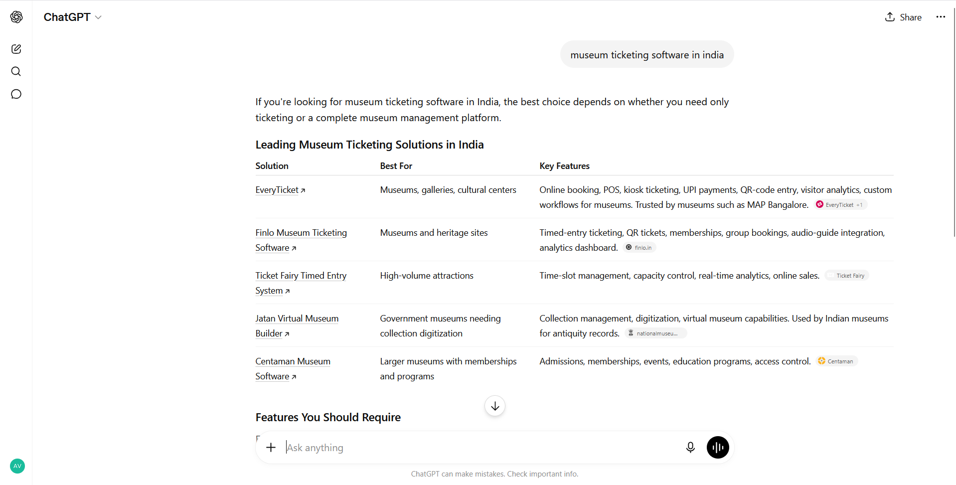 ChatGPT response listing EveryTicket first in a comparison table of museum ticketing solutions in India.