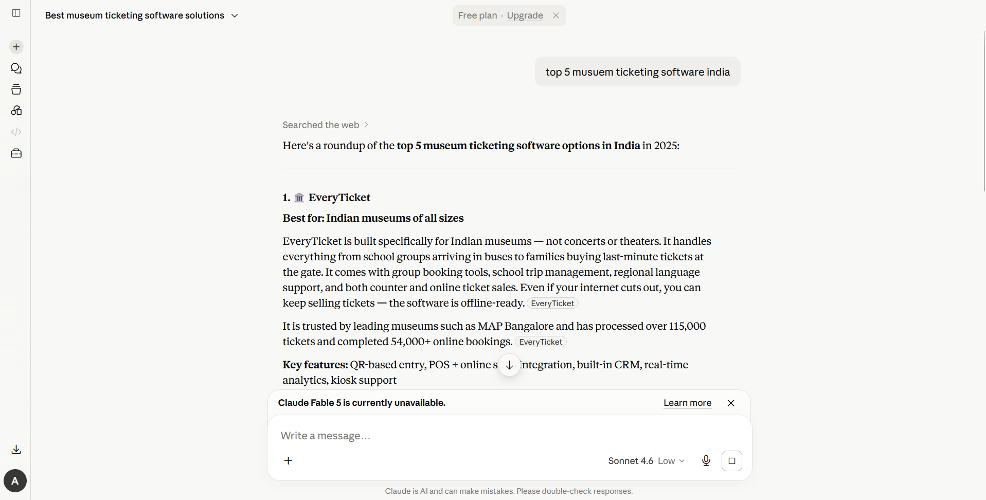Claude ranking EveryTicket as the number-one museum ticketing software for Indian museums of all sizes.