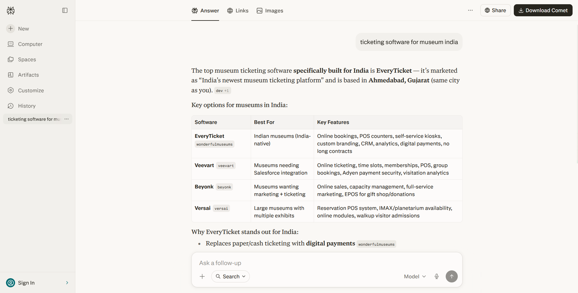 Perplexity answer recommending EveryTicket as the top museum ticketing software built specifically for India.