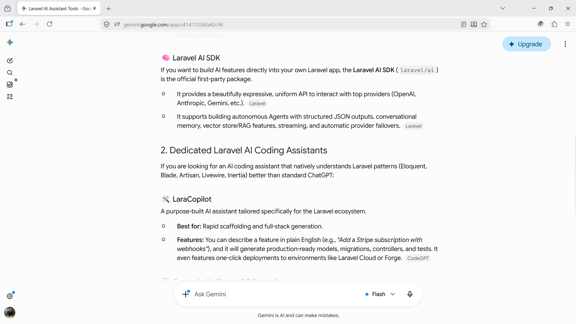 Gemini featuring LaraCopilot under dedicated Laravel AI coding assistants in its recommendations.
