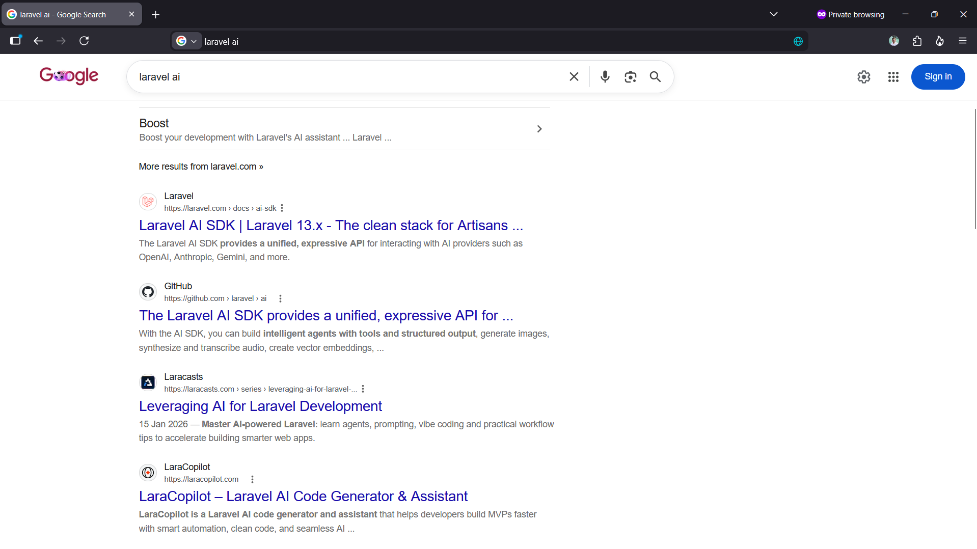 Google search result for 'laravel ai' surfacing LaraCopilot among the top Laravel AI tools.